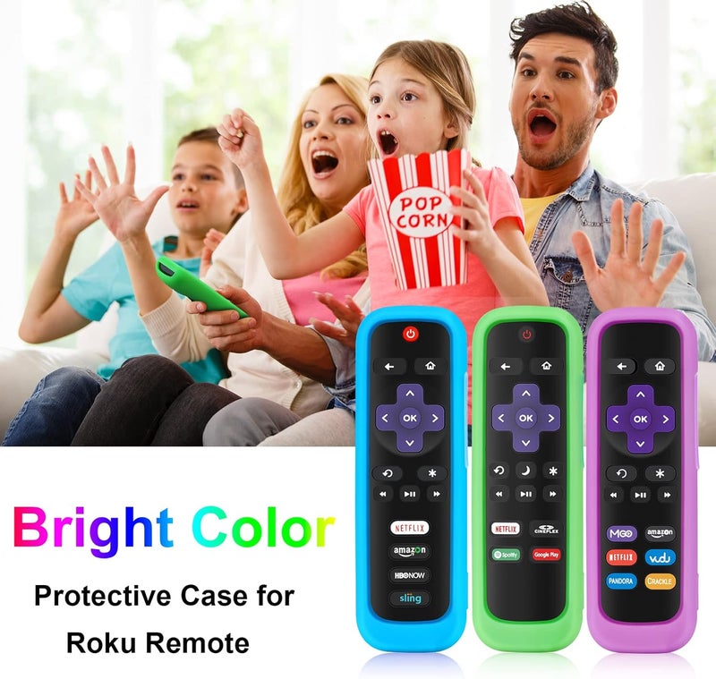 Silicloak حافظة 4 عبوات لجهاز التحكم عن بُعد Roku، غطاء لجهاز Hisense/TCL Roku TV Steaming Stick/Express بديل عالمي لجهاز التحكم غلاف سيليكون يتوهج في الظلام أخضر سماء بنفسجي أسود - Image 5